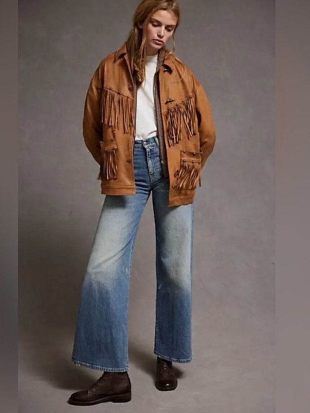 Free People Knox Vegan Suede Fringe Studded Jacket in Oiled Oak - Large - NWT